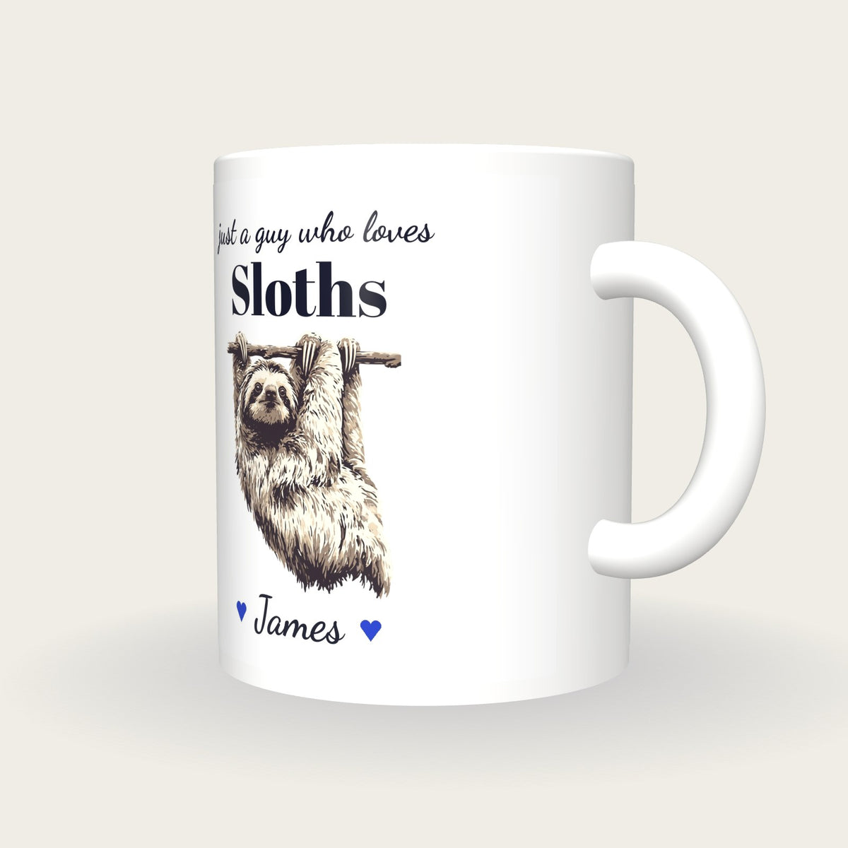 Personalised Sloth Mug, Just A Guy Who Loves Sloths, three-quarter view