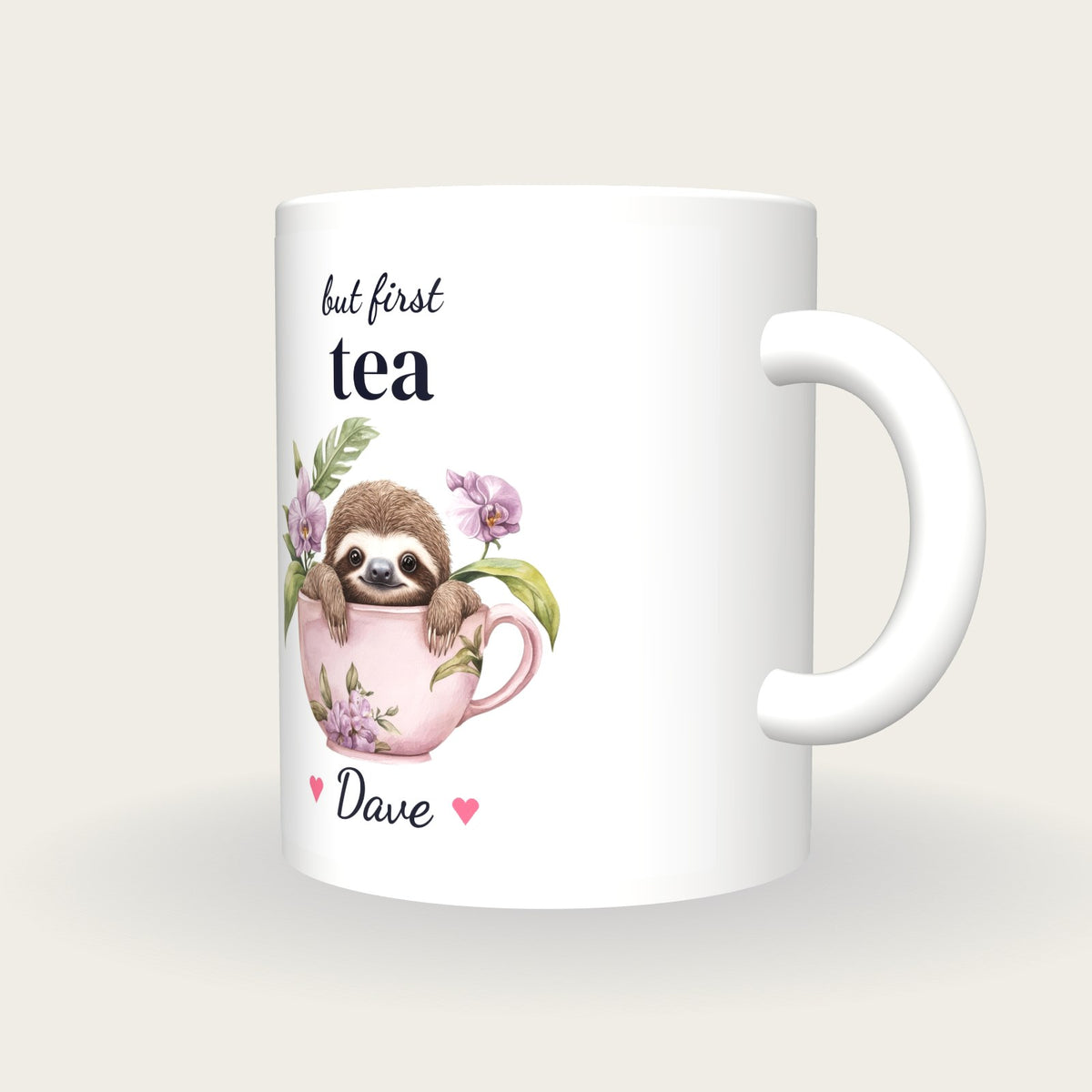 Personalised Sloth Teacup Mug, But First Tea, three-quarter view