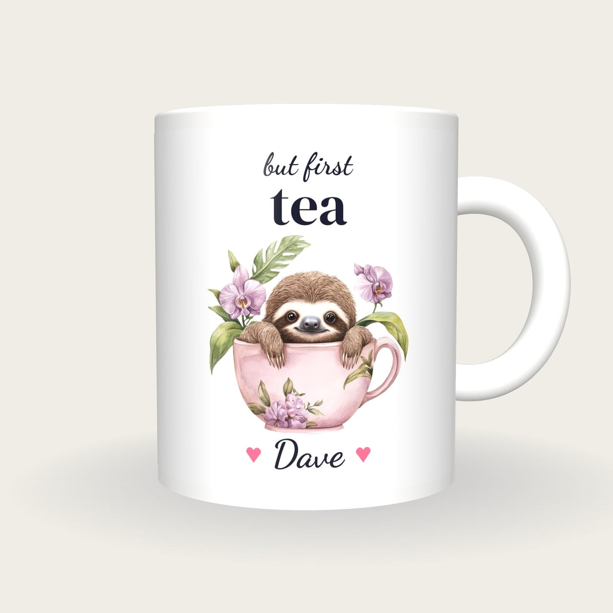 Personalised Sloth Teacup Mug, But First Tea, front