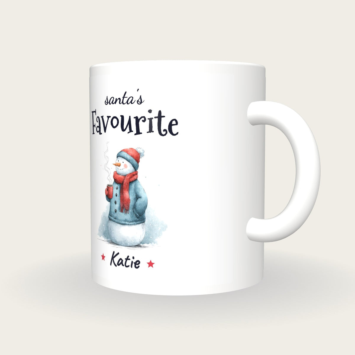 Personalised Snowman With Cocoa Mug, Santa's Favourite, three-quarter view