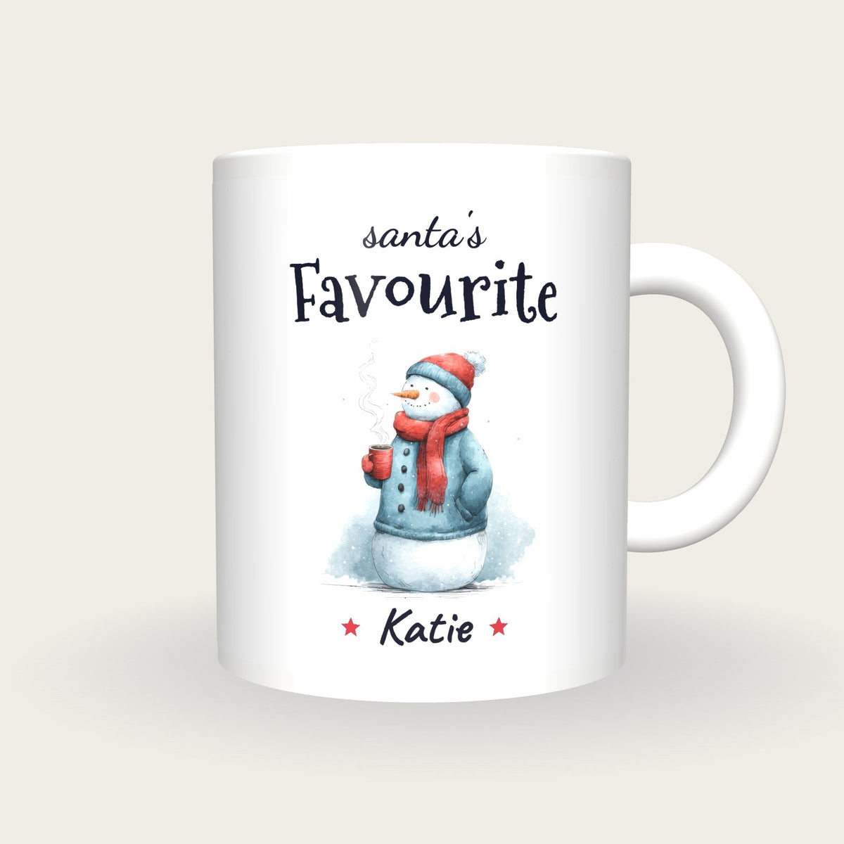 Personalised Snowman With Cocoa Mug, Santa's Favourite, front