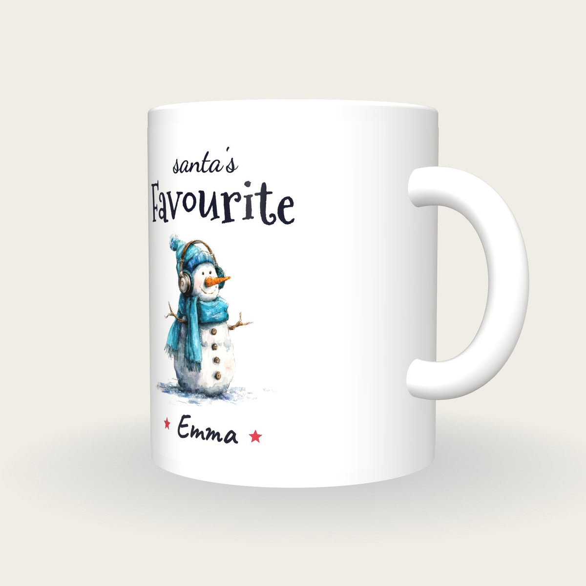 Personalised Snowman With Headphones Mug, Santa's Favourite, three-quarter view