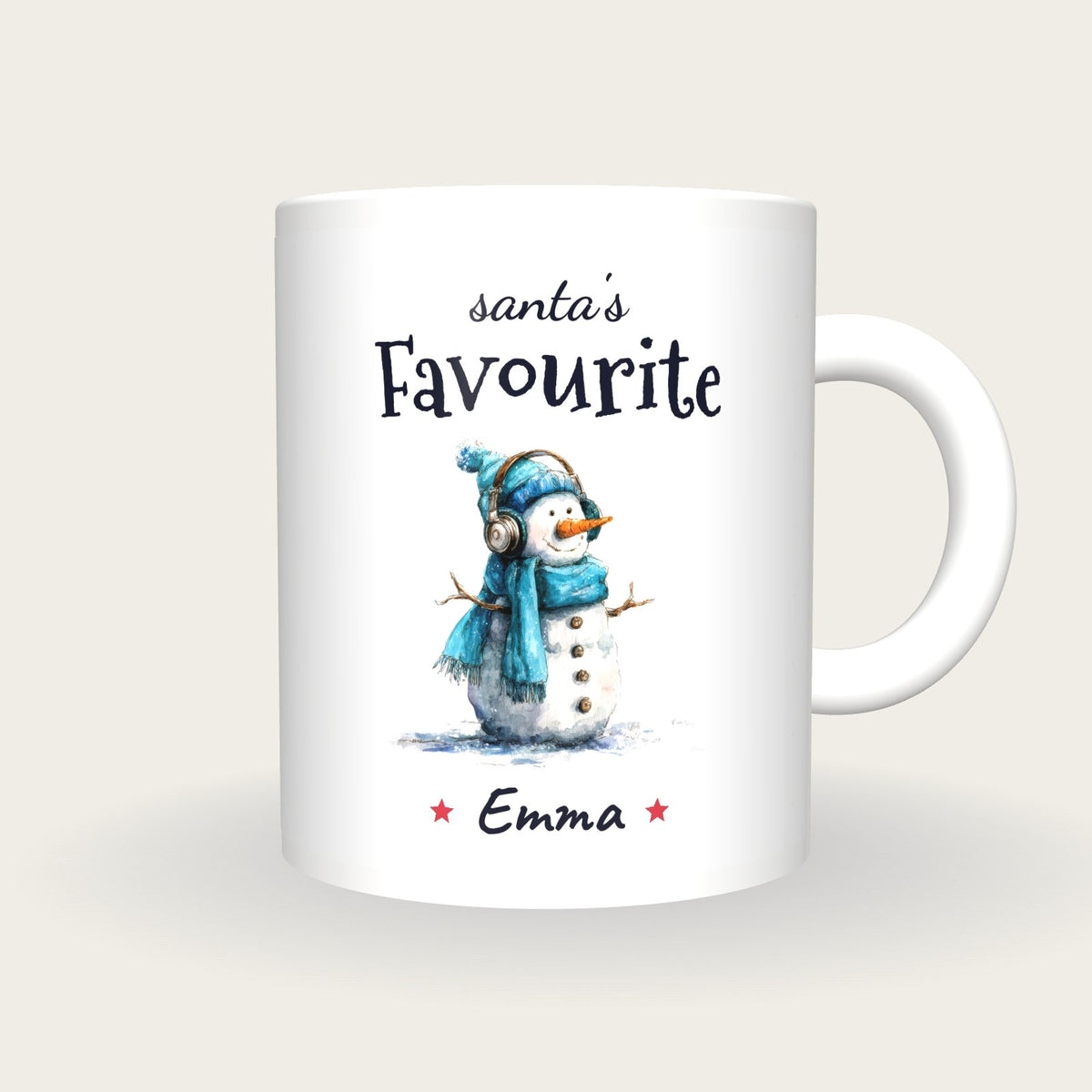 Personalised Snowman With Headphones Mug, Santa's Favourite, front
