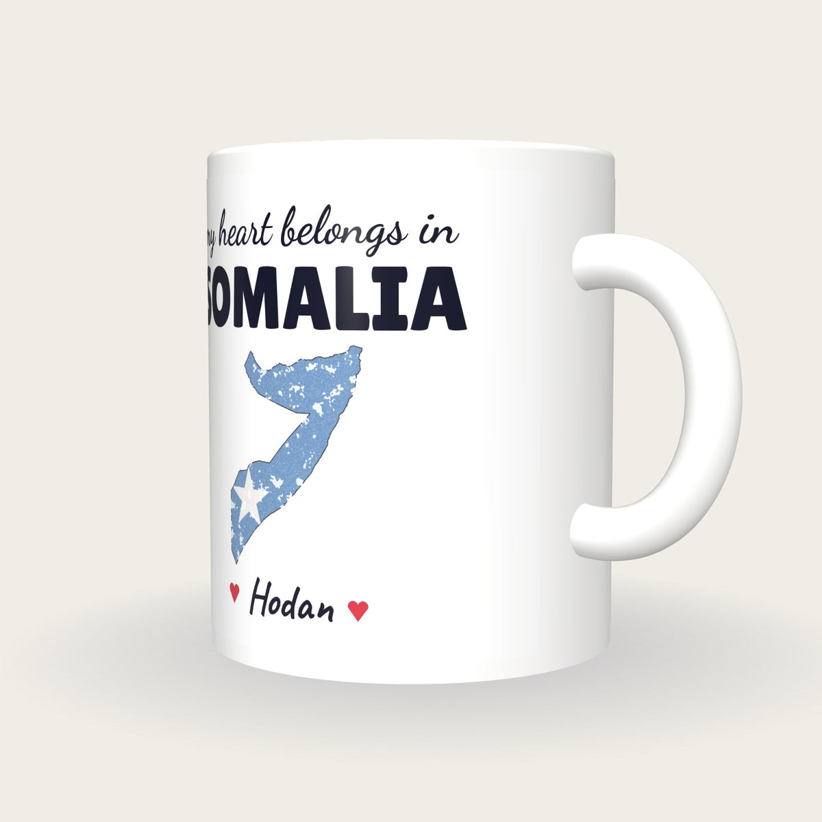 Personalised Somalia Map Mug, My Heart Belongs In Somalia, three-quarter view
