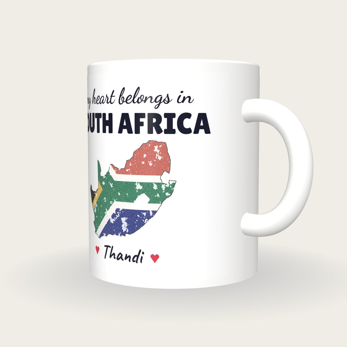 Personalised South Africa Map Mug, My Heart Belongs In South Africa, three-quarter view