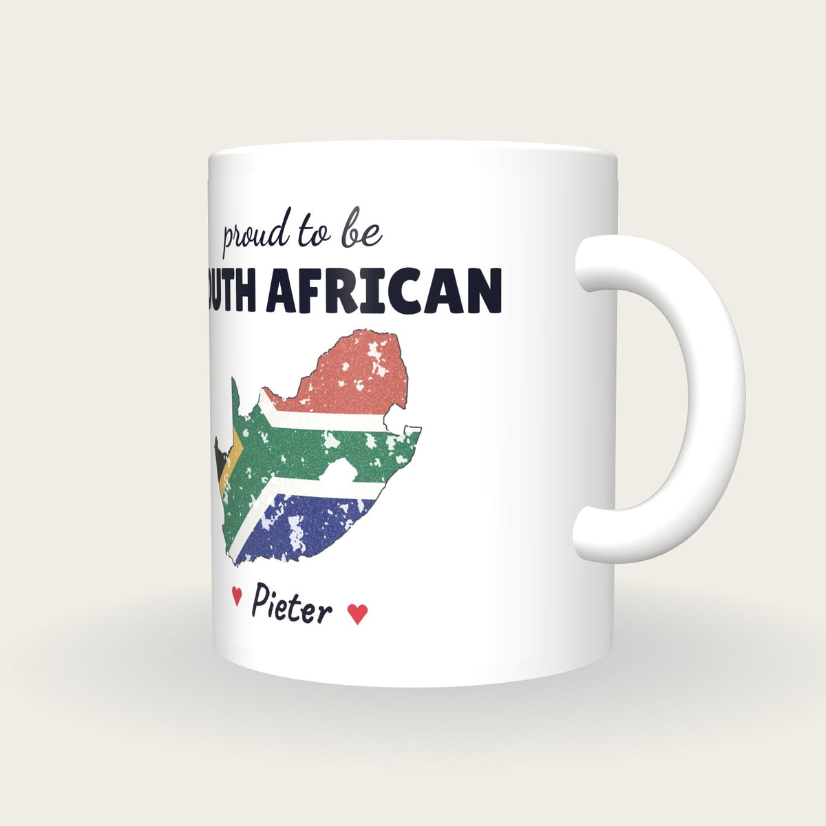 Personalised South Africa Map Mug, Proud To Be South African, three-quarter view