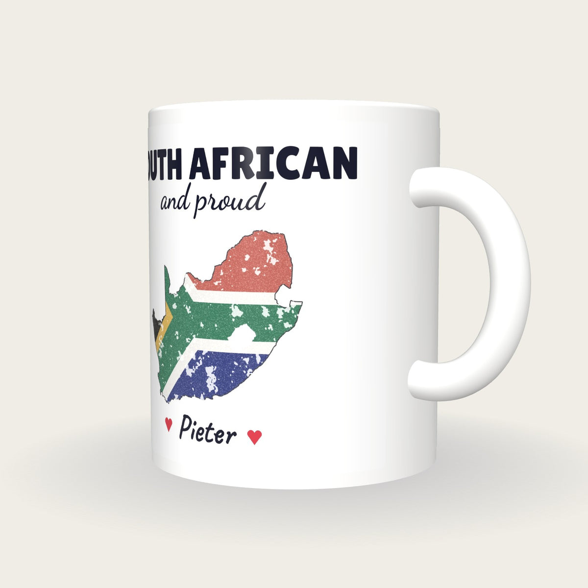 Personalised South Africa Map Mug, South African And Proud, three-quarter view