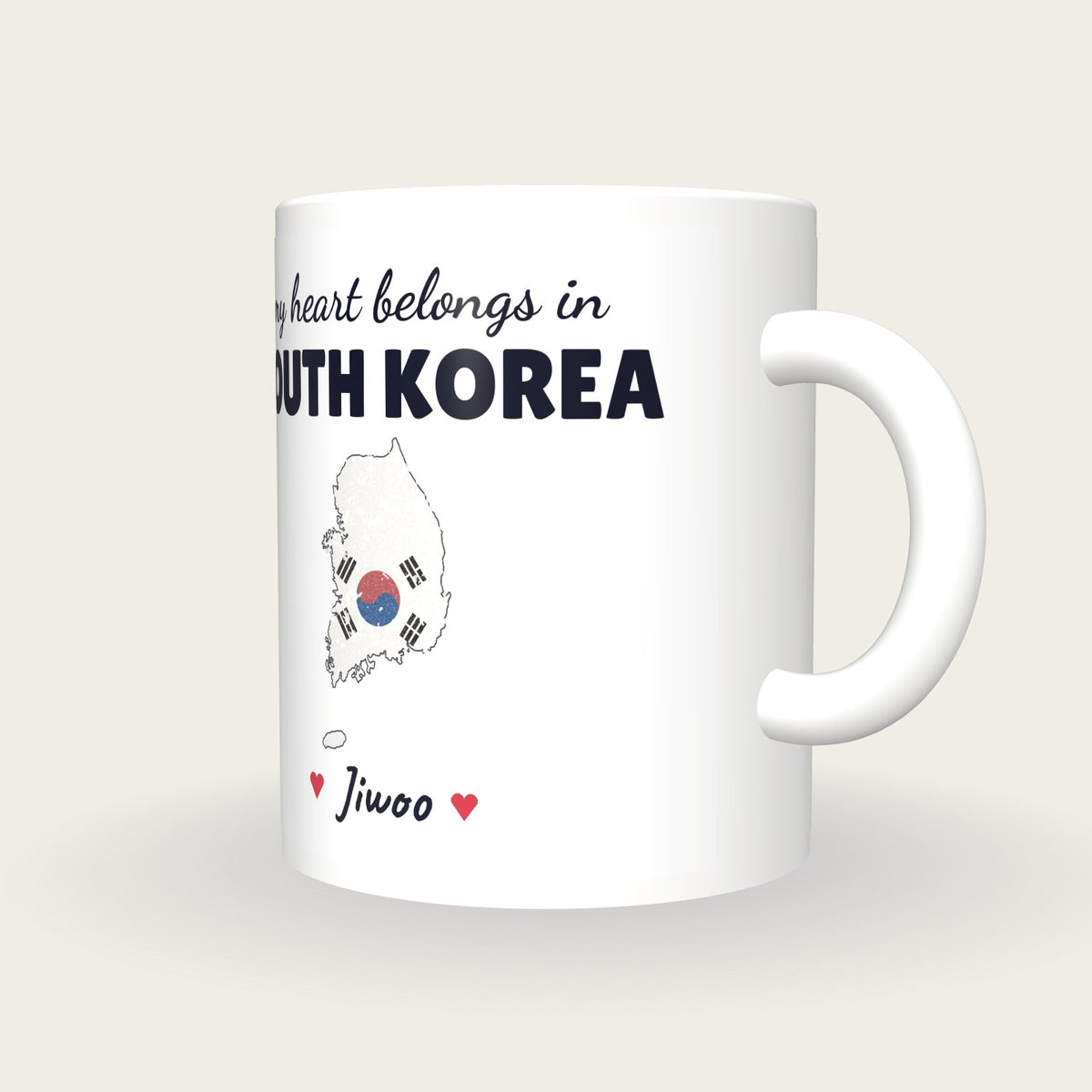 Personalised South Korea Map Mug, My Heart Belongs In South Korea, three-quarter view