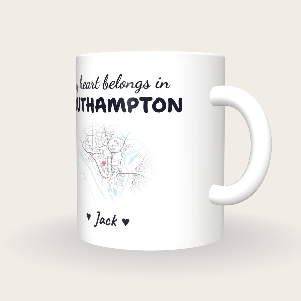 Personalised Southampton Map Mug, My Heart Belongs In Southampton, three-quarter view