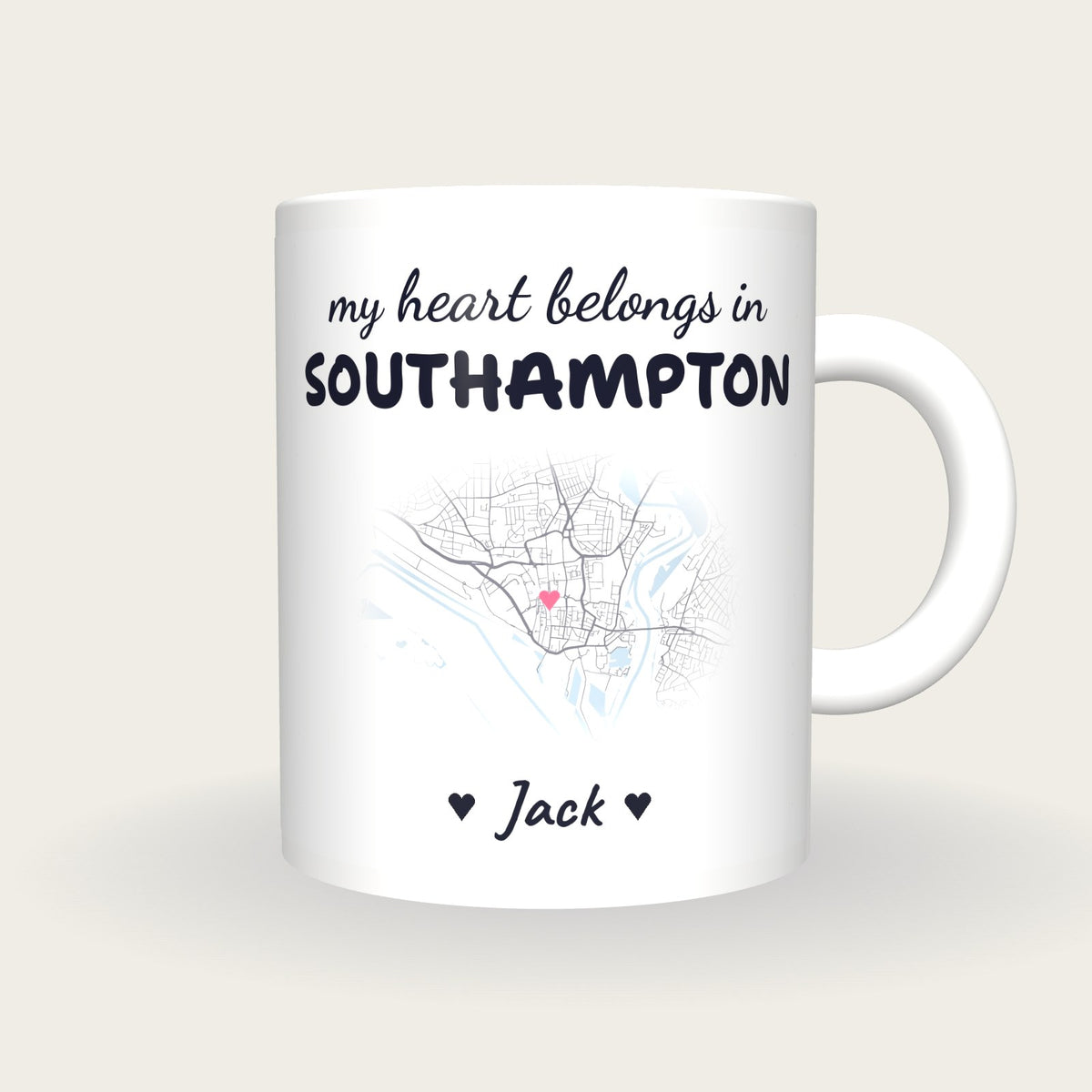Personalised Southampton Map Mug, My Heart Belongs In Southampton, front
