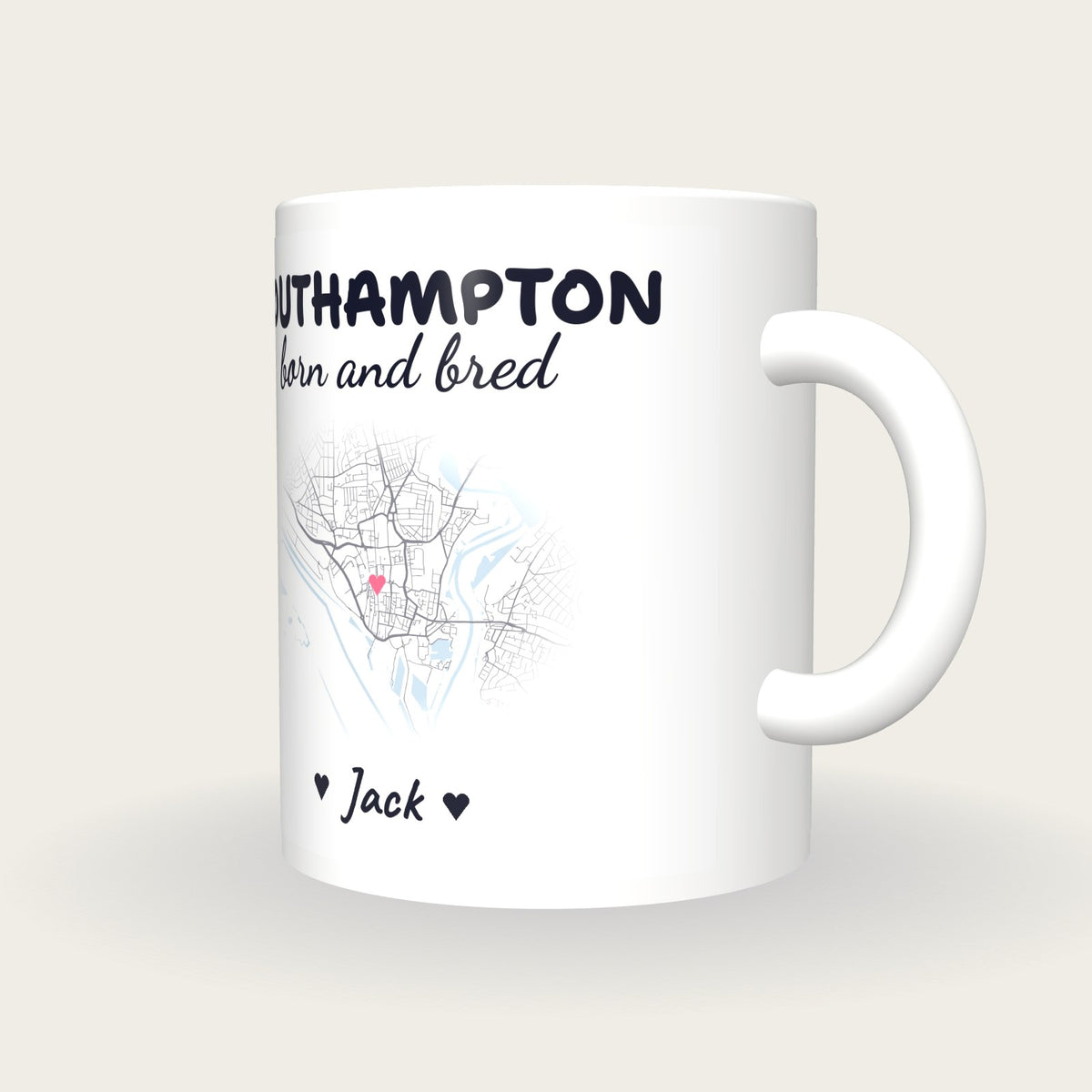 Personalised Southampton Map Mug, Southampton Born And Bred, three-quarter view
