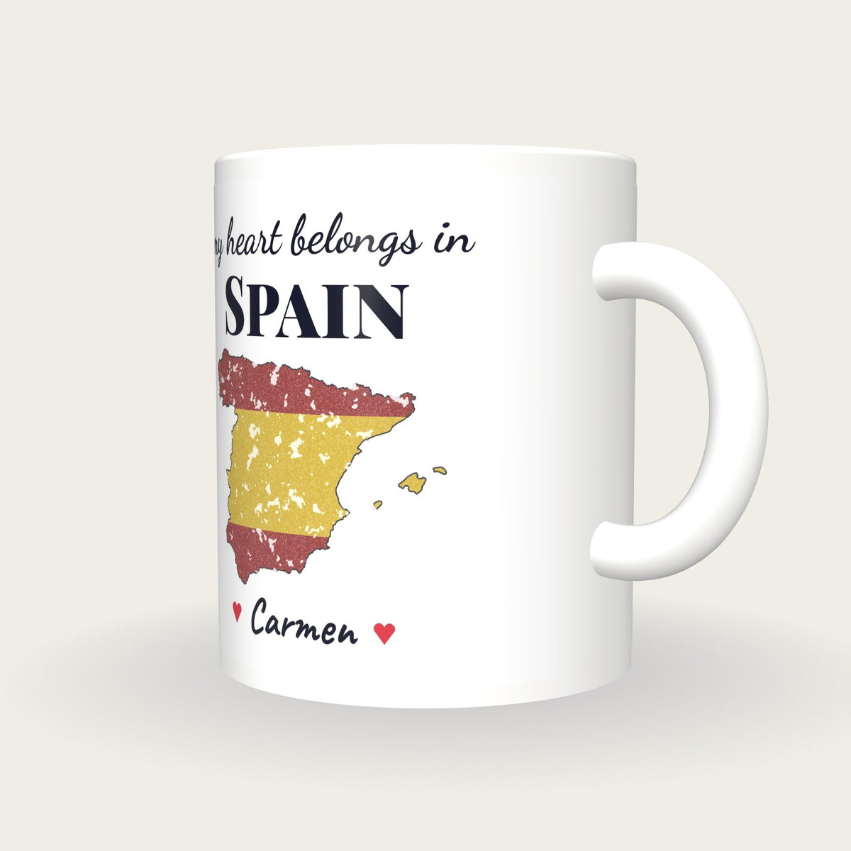 Personalised Spain Map Mug, My Heart Belongs In Spain, three-quarter view