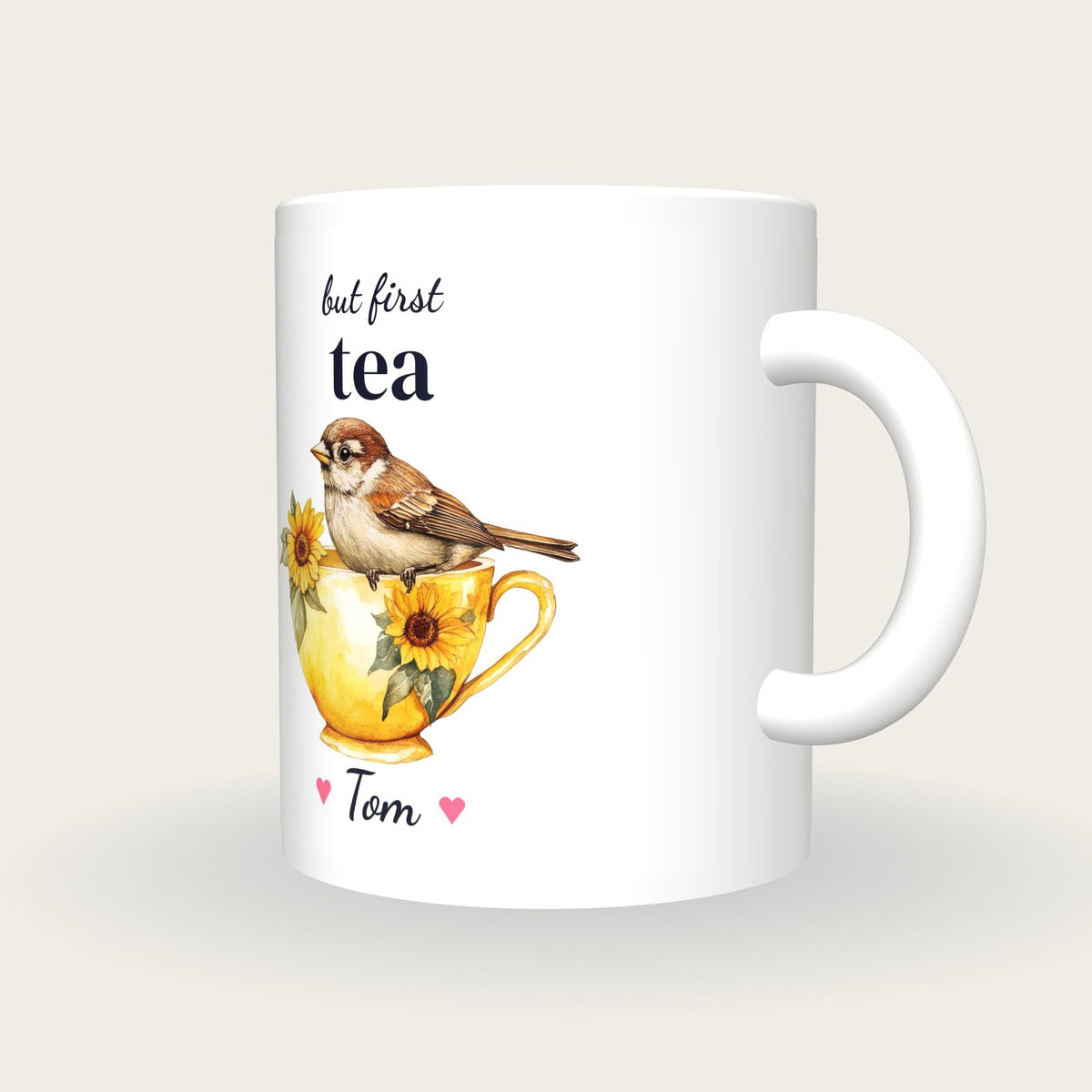 Personalised Sparrow Teacup Mug, But First Tea, three-quarter view