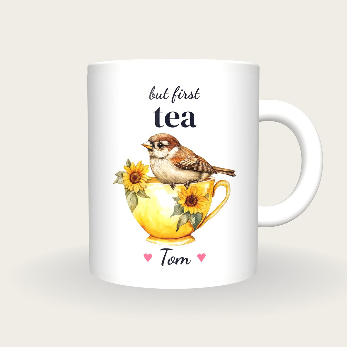 Personalised Sparrow Teacup Mug, But First Tea, front