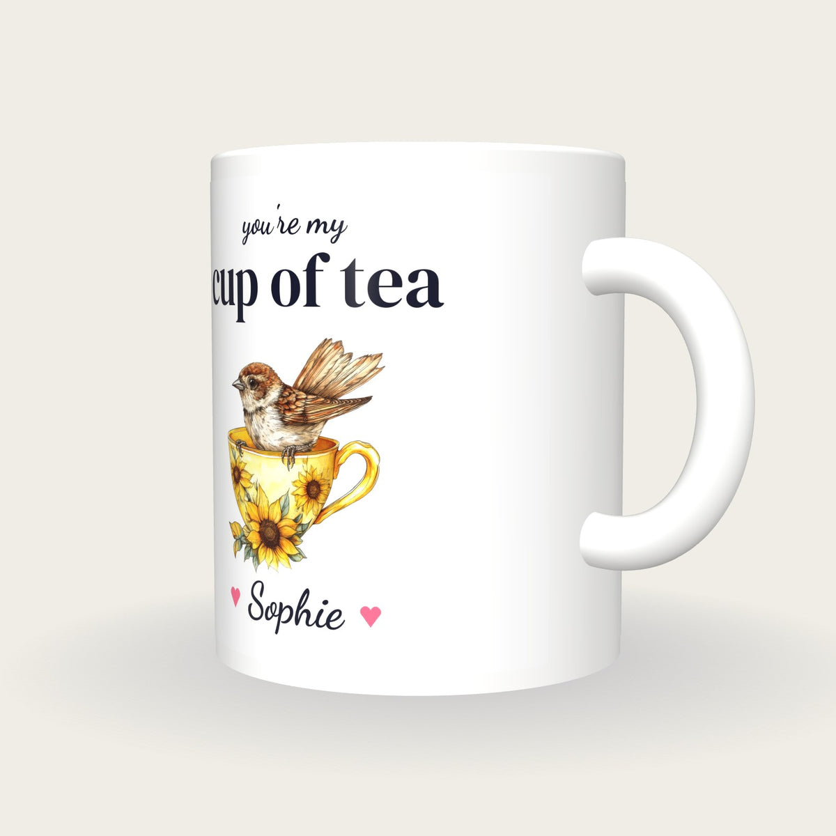 Personalised Sparrow Teacup Mug, You're My Cup Of Tea, three-quarter view