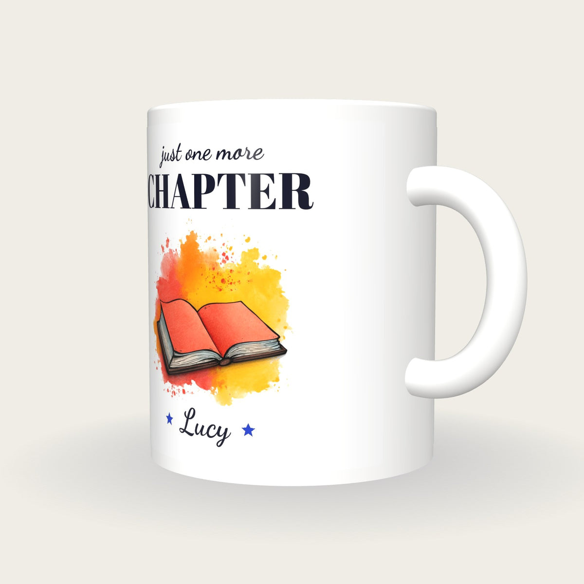 Personalised Splash Book Mug, Just One More Chapter, three-quarter view