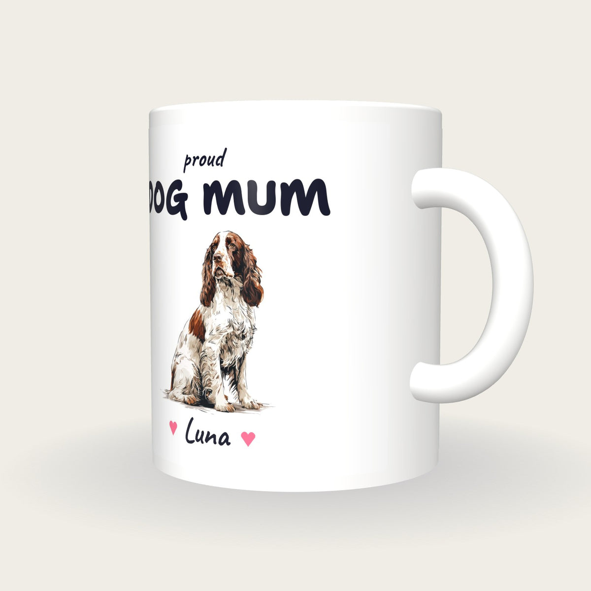 Personalised Springer Spaniel Dog Mum Mug, three-quarter view