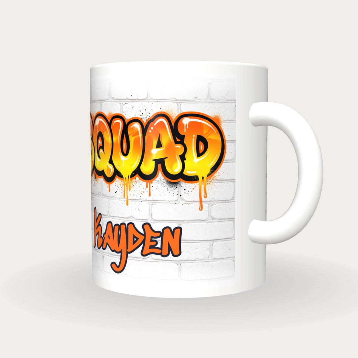 Personalised Squad Graffiti Mug, three-quarter view