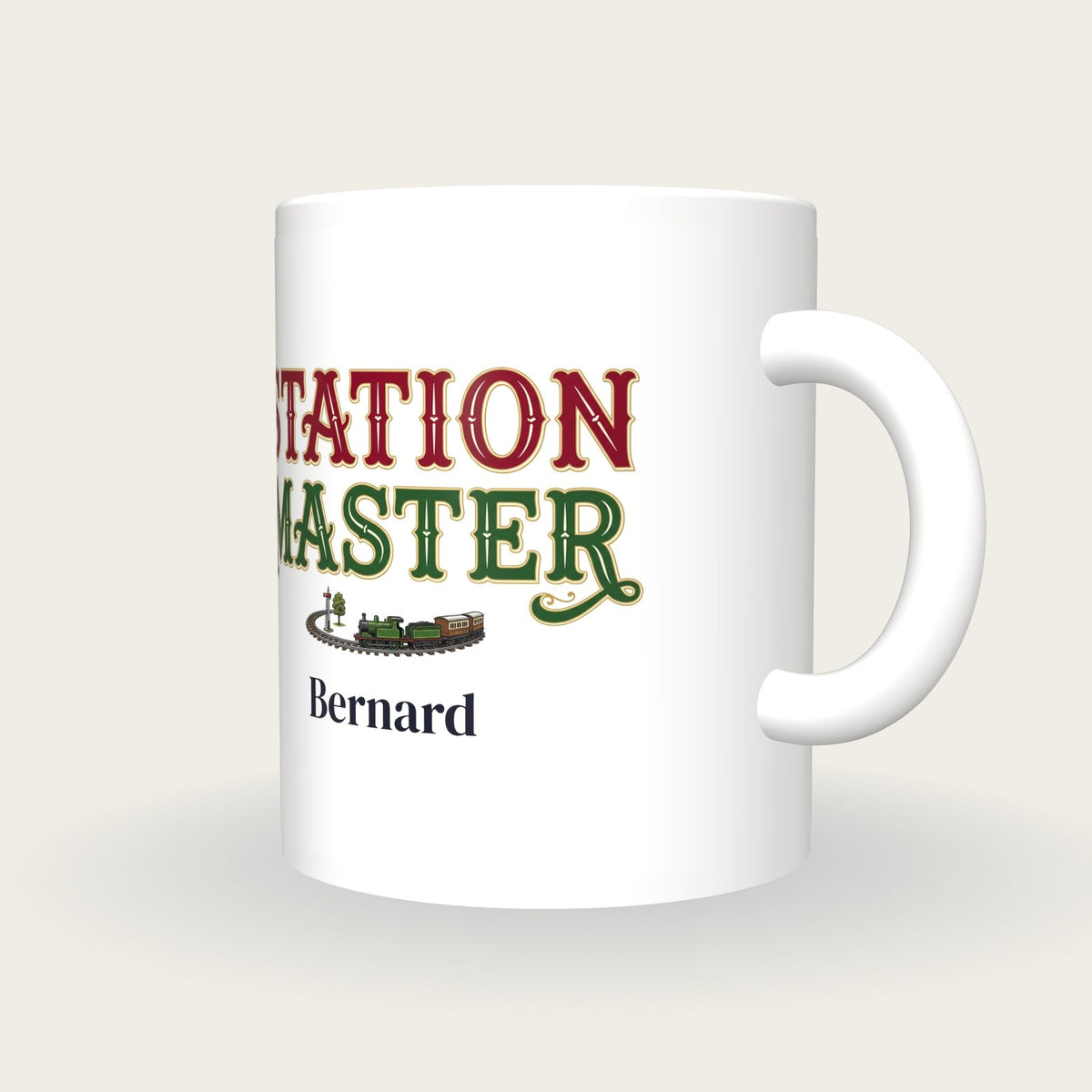 Personalised Station Master Model Railway Mug, three-quarter view