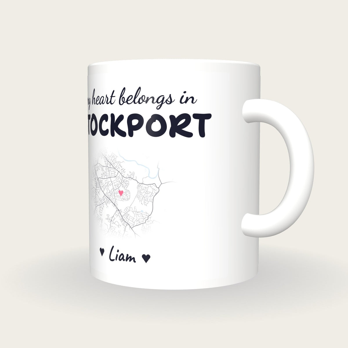 Personalised Stockport Map Mug, My Heart Belongs In Stockport, three-quarter view