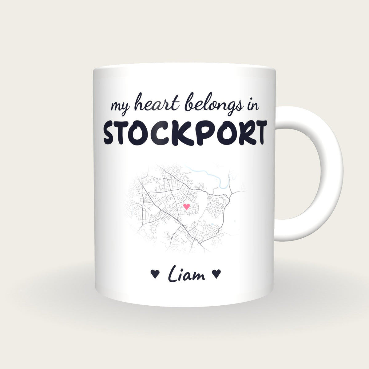 Personalised Stockport Map Mug, My Heart Belongs In Stockport, front