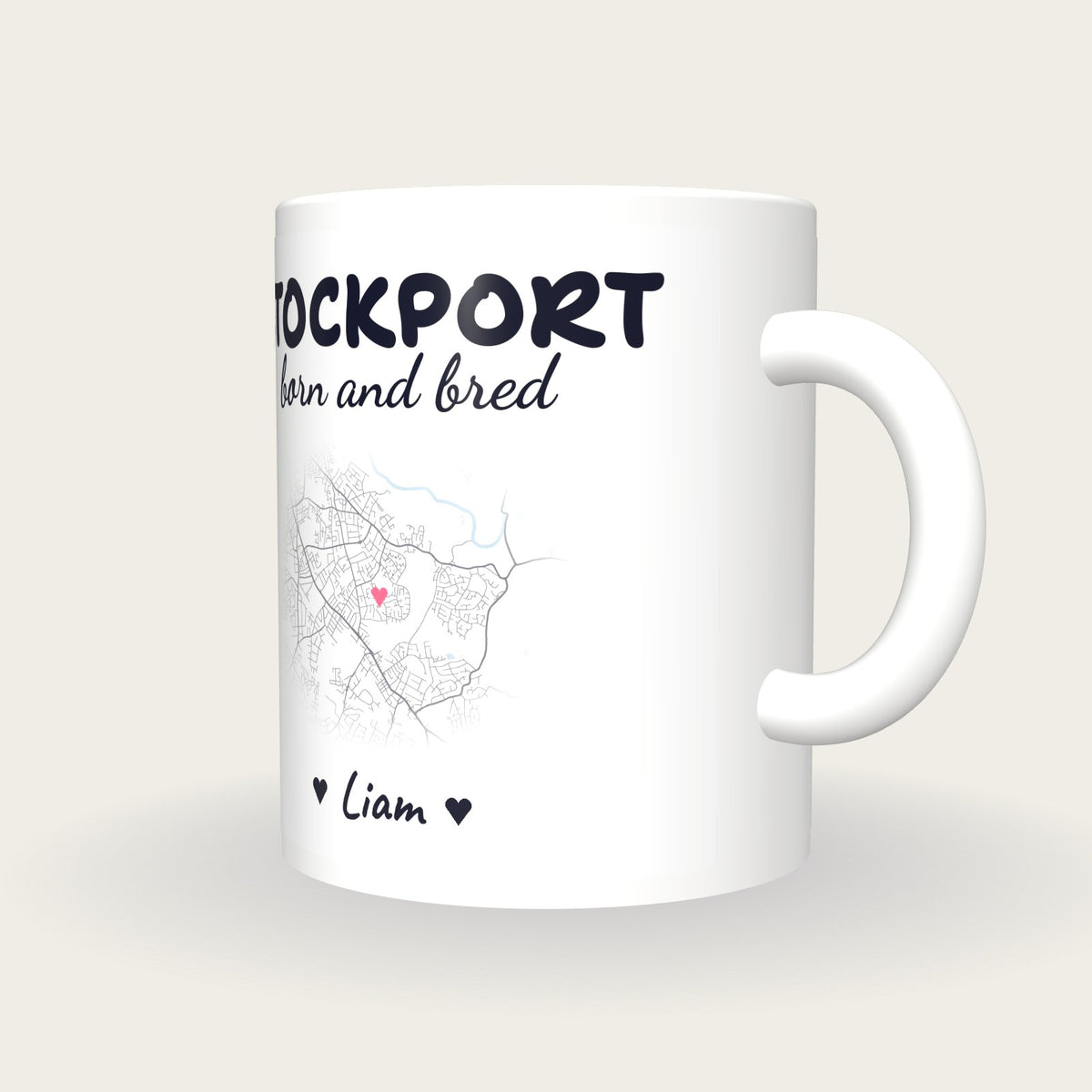 Personalised Stockport Map Mug, Stockport Born And Bred, three-quarter view