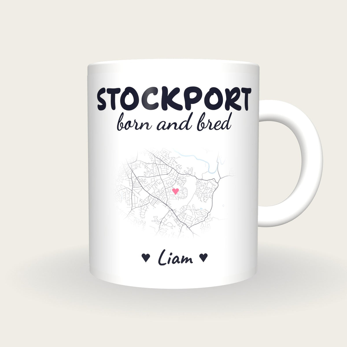 Personalised Stockport Map Mug, Stockport Born And Bred, front