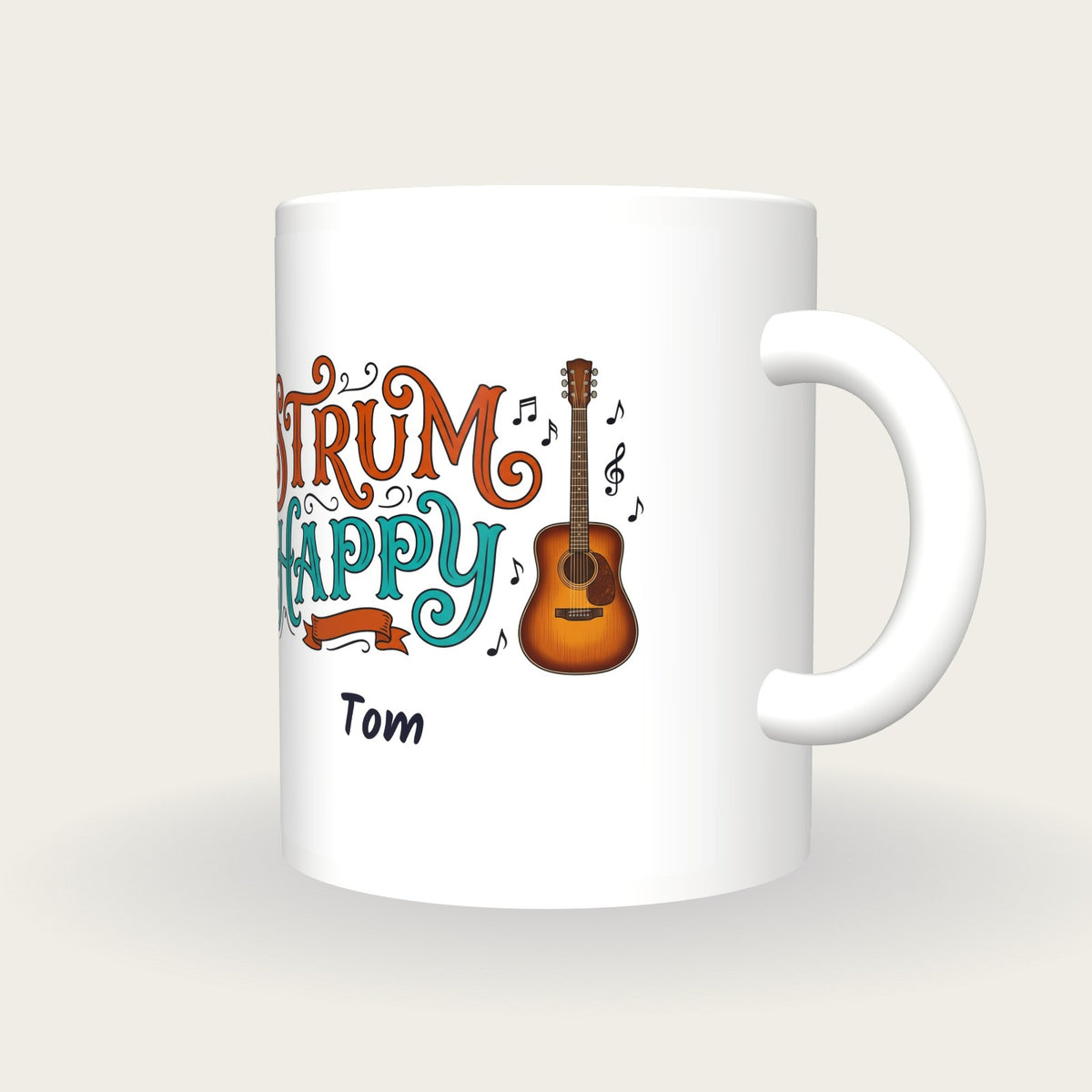 Personalised Strum Happy Guitar Mug, three-quarter view