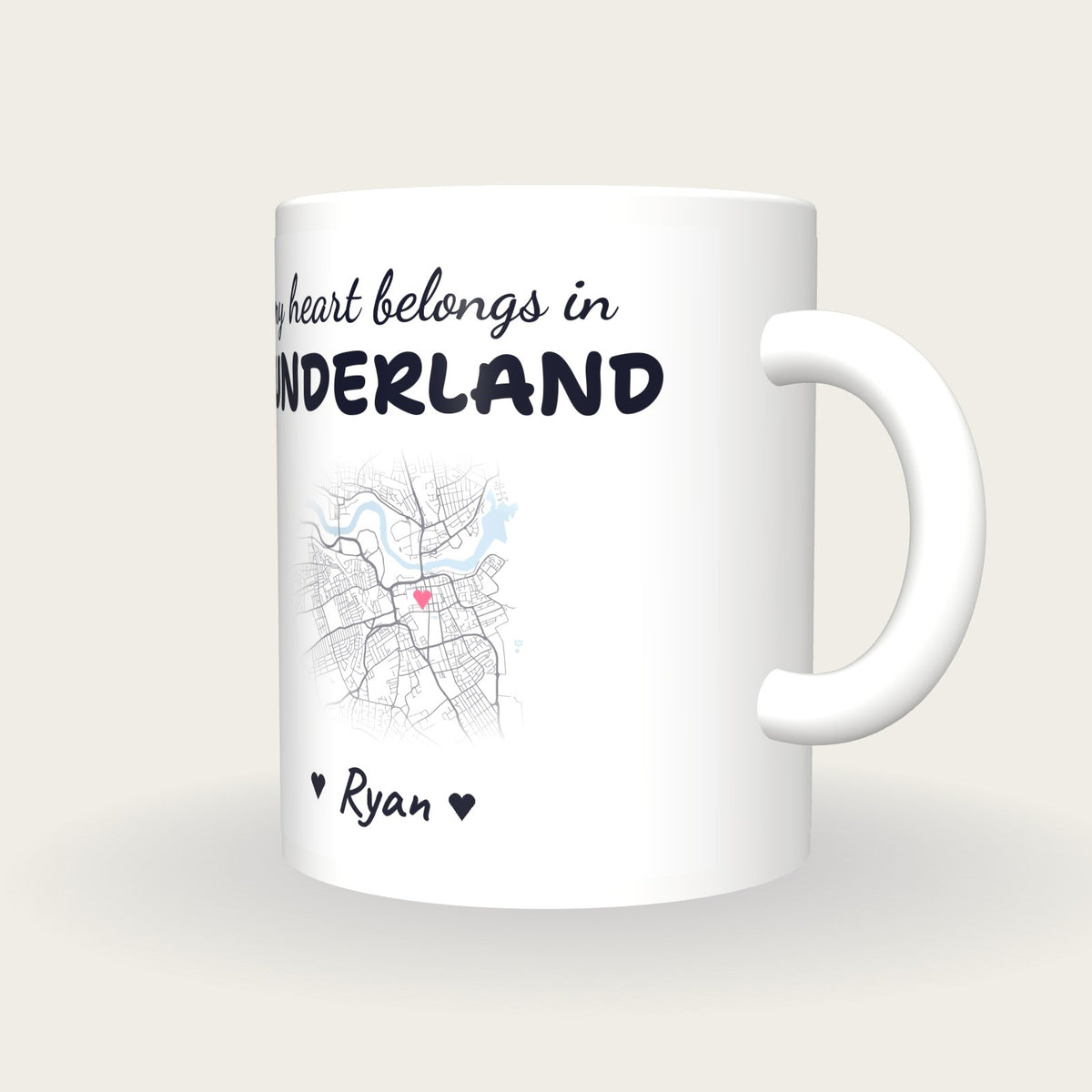 Personalised Sunderland Map Mug, My Heart Belongs In Sunderland, three-quarter view