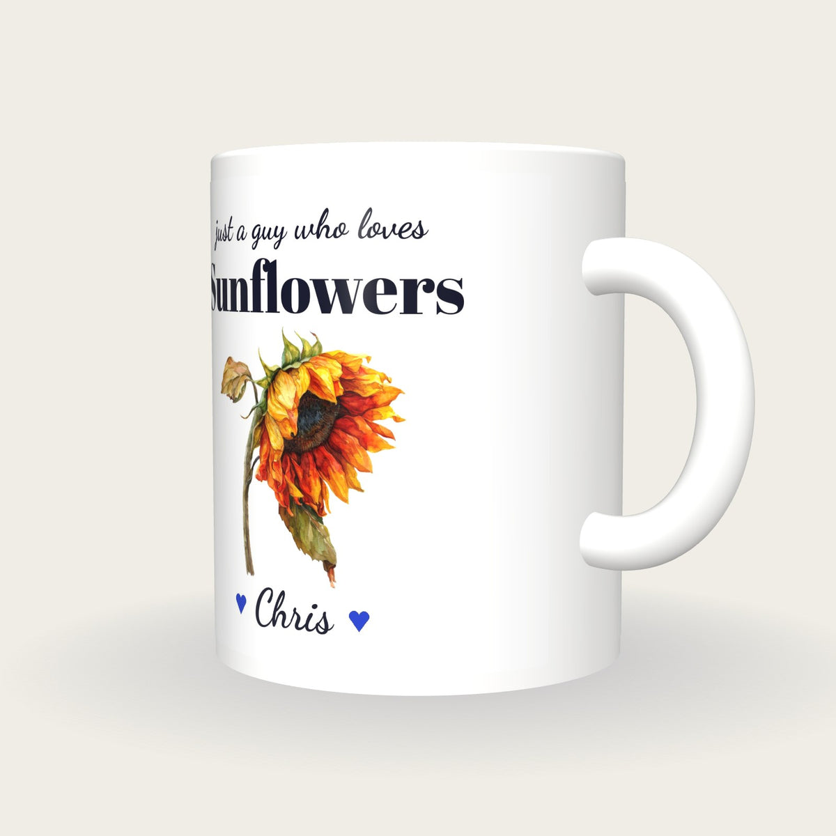Personalised Sunflower Mug, Just A Guy Who Loves Sunflowers, three-quarter view