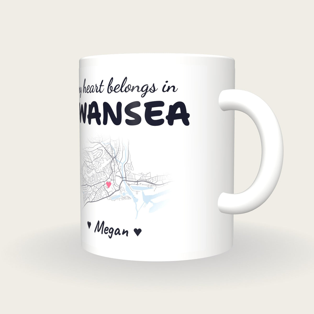 Personalised Swansea Map Mug, My Heart Belongs In Swansea, three-quarter view