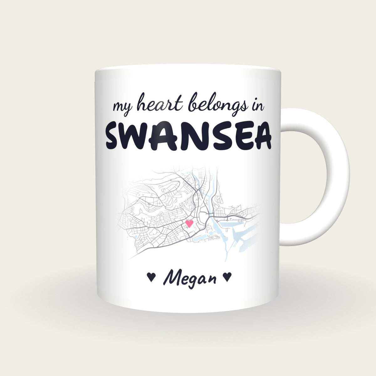 Personalised Swansea Map Mug, My Heart Belongs In Swansea, front