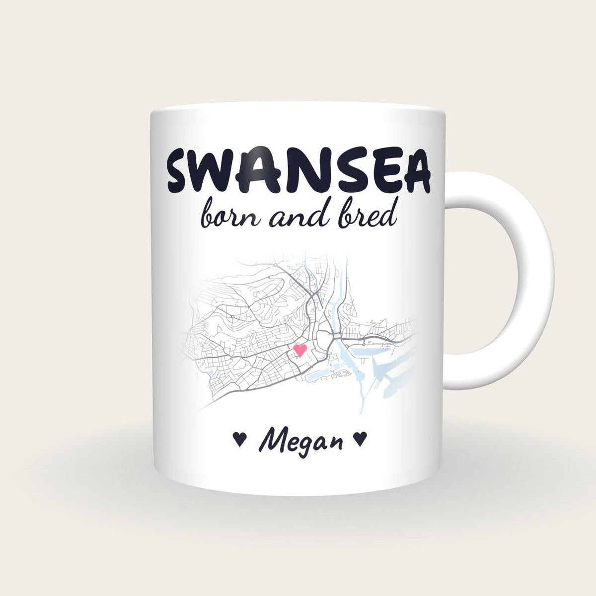 Personalised Swansea Map Mug, Swansea Born And Bred, front