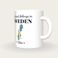 Personalised Sweden Map Mug, My Heart Belongs In Sweden, three-quarter view