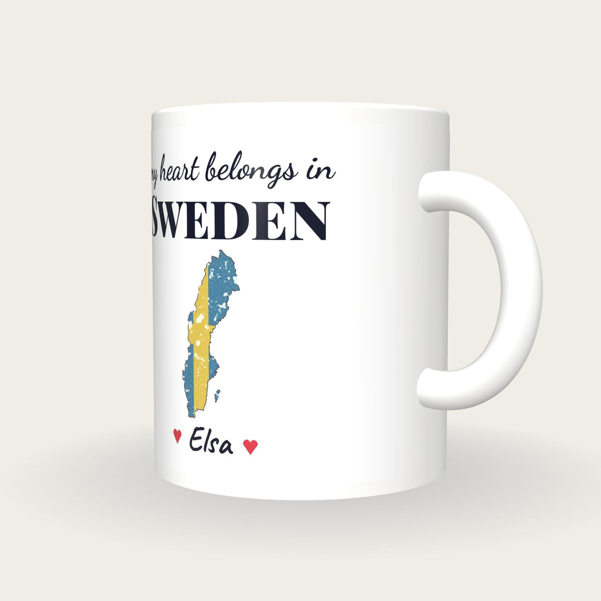 Personalised Sweden Map Mug, My Heart Belongs In Sweden, three-quarter view