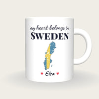 Personalised Sweden Map Mug, My Heart Belongs In Sweden, front