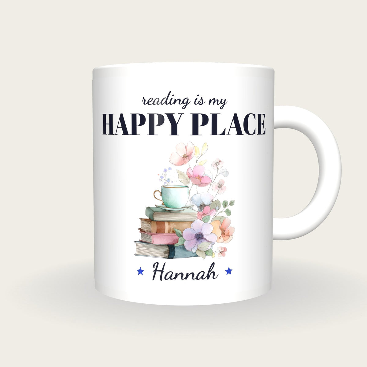 Personalised Teacup On Books Mug, Reading Is My Happy Place, front
