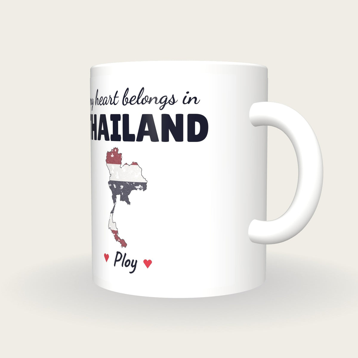 Personalised Thailand Map Mug, My Heart Belongs In Thailand, three-quarter view