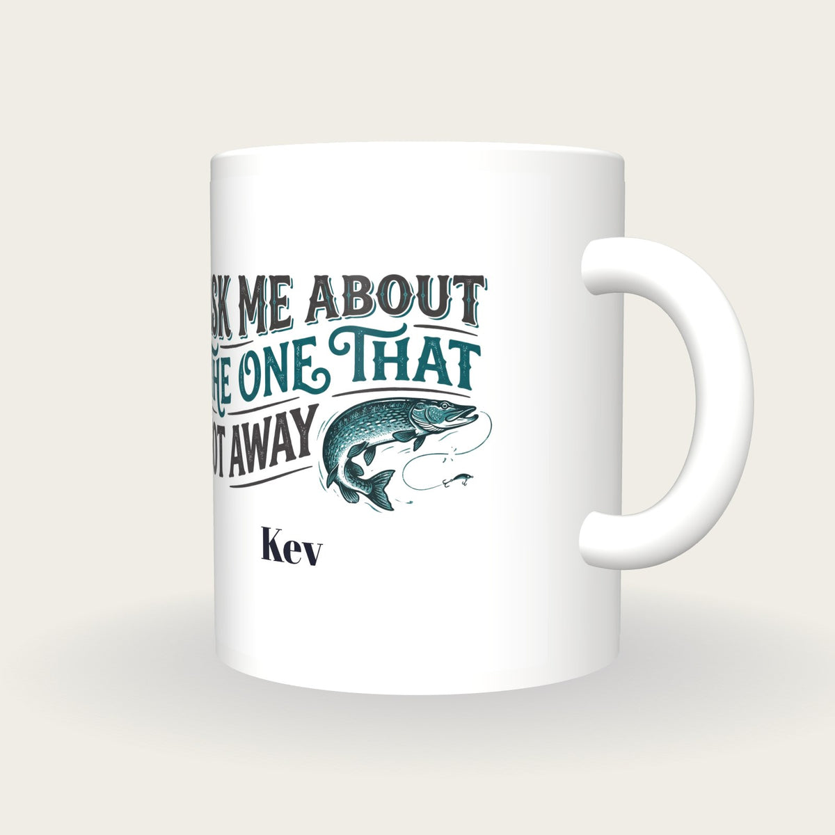Personalised The One That Got Away Fishing Mug, three-quarter view