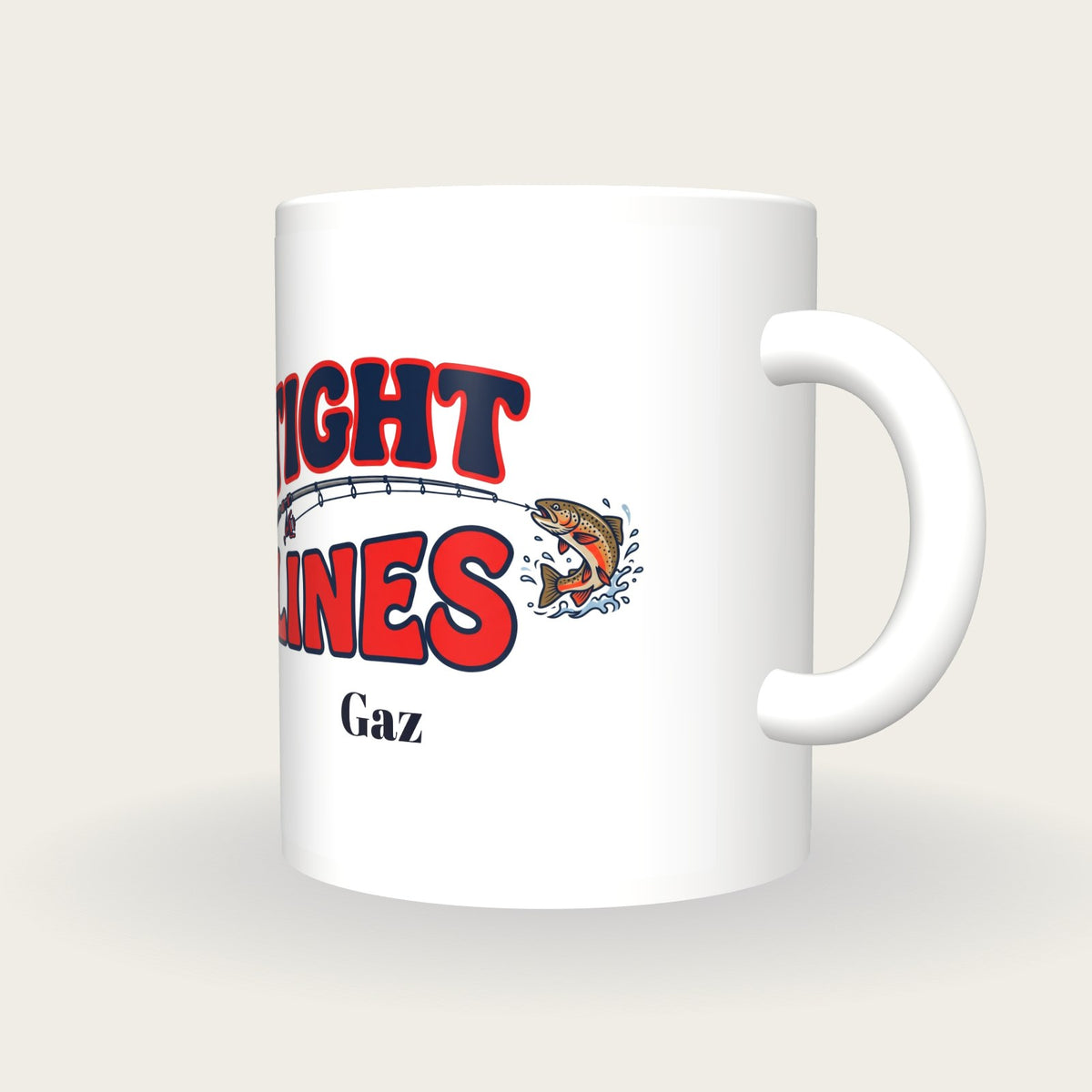 Personalised Tight Lines Fishing Mug, three-quarter view