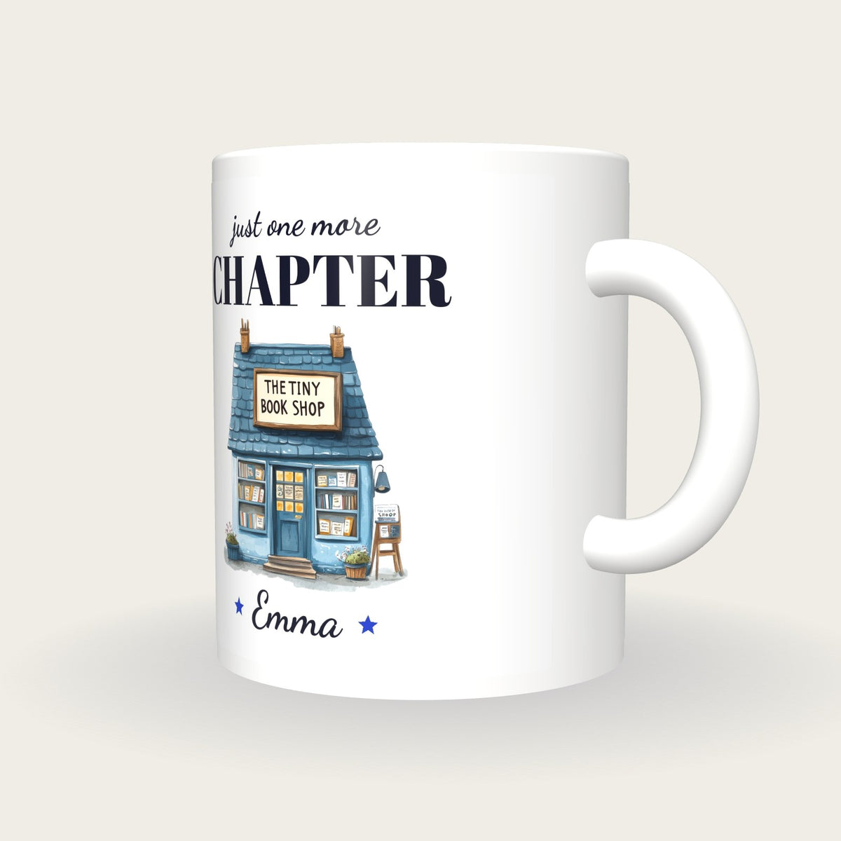 Personalised Tiny Book Shop Mug, Just One More Chapter, three-quarter view
