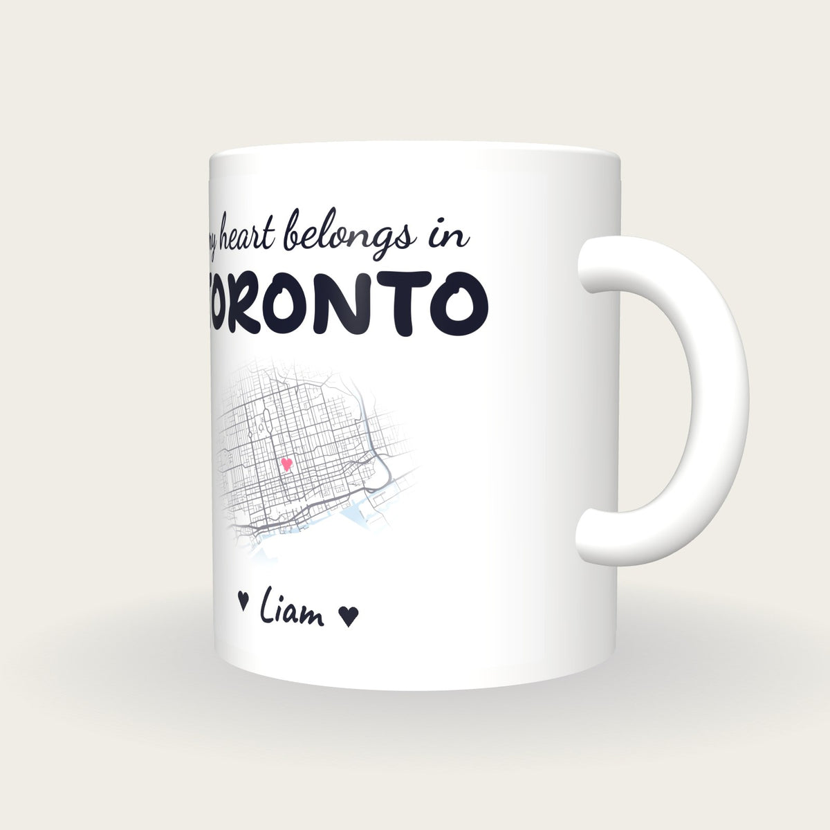 Personalised Toronto Map Mug, My Heart Belongs In Toronto, three-quarter view