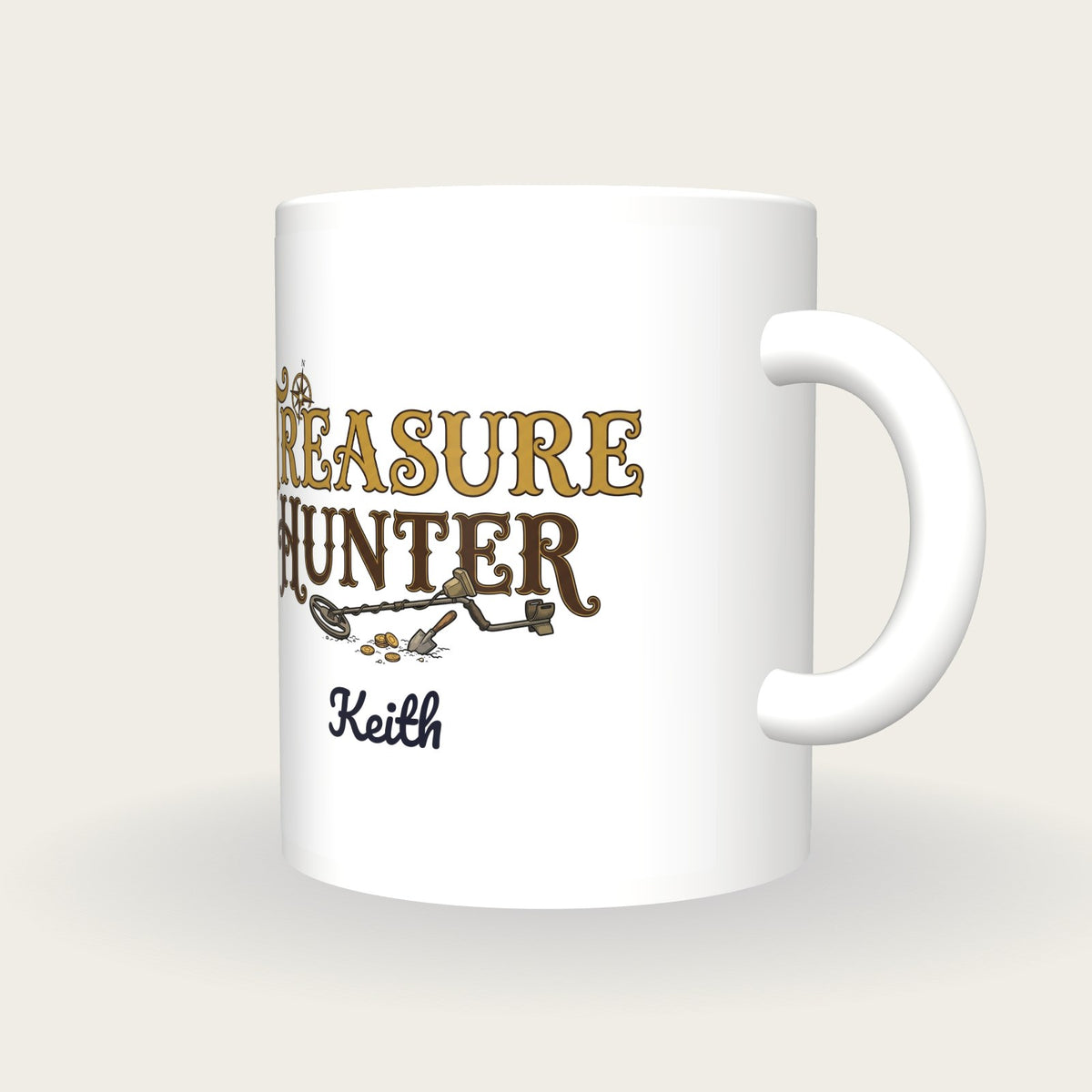 Personalised Treasure Hunter Metal Detecting Mug, three-quarter view