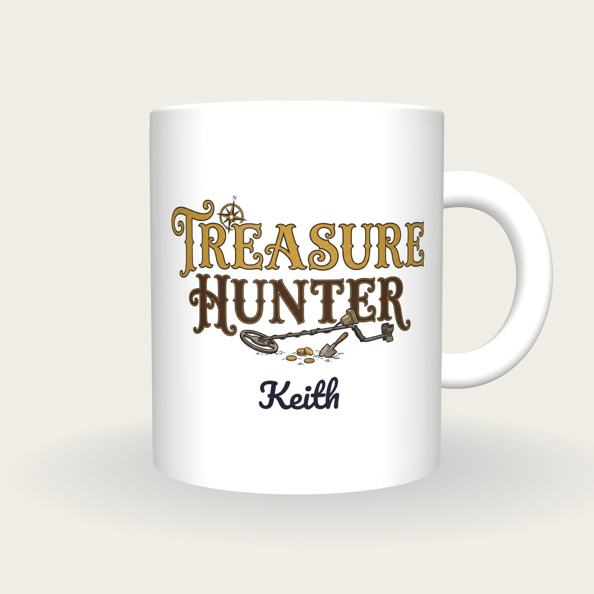Personalised Treasure Hunter Metal Detecting Mug, front