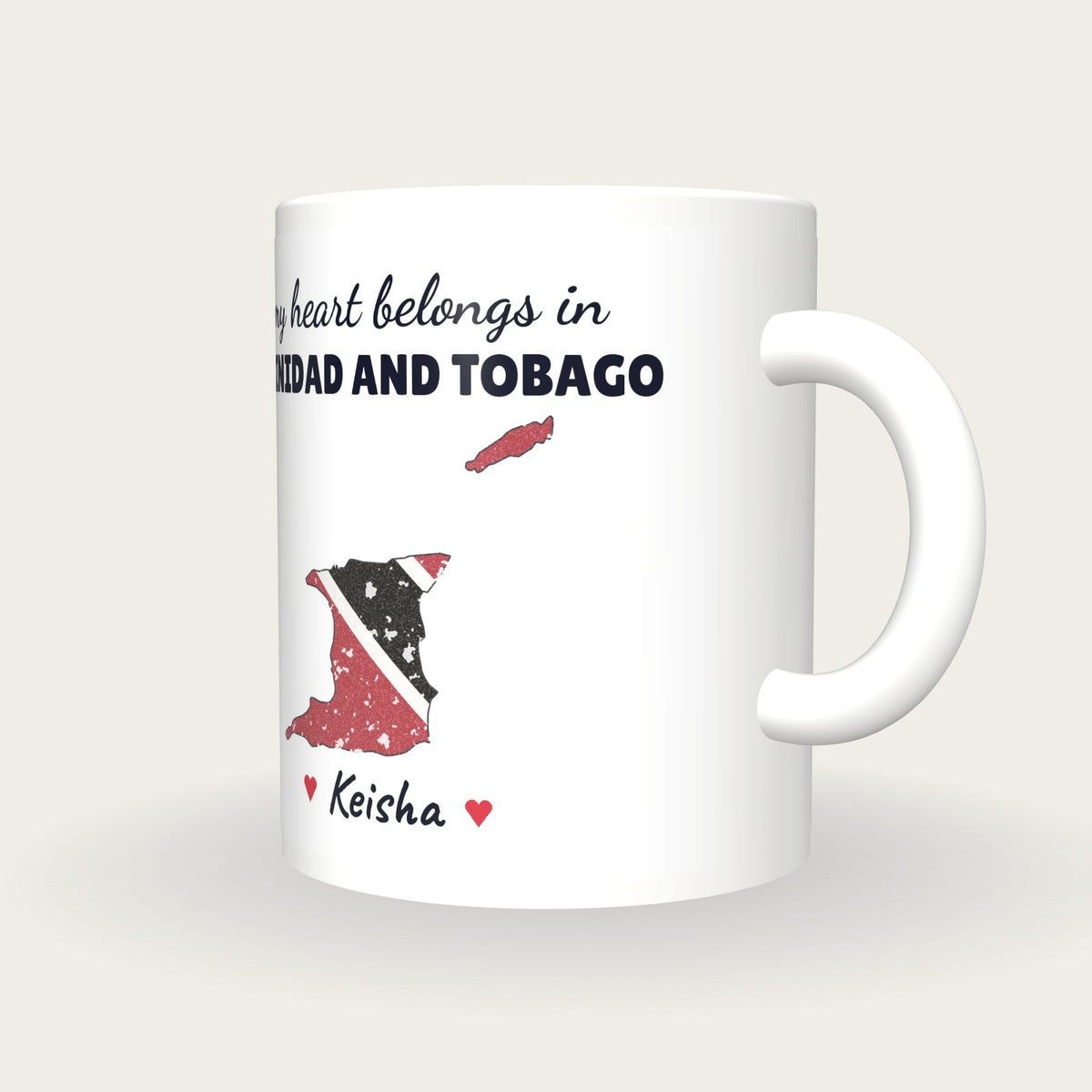 Personalised Trinidad and Tobago Map Mug, My Heart Belongs In Trinidad and Tobago, three-quarter view