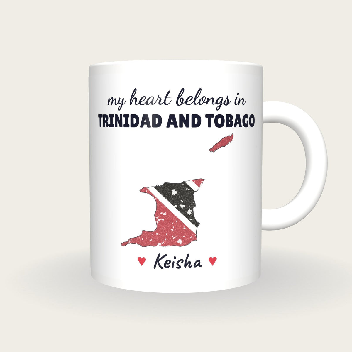 Personalised Trinidad and Tobago Map Mug, My Heart Belongs In Trinidad and Tobago, front