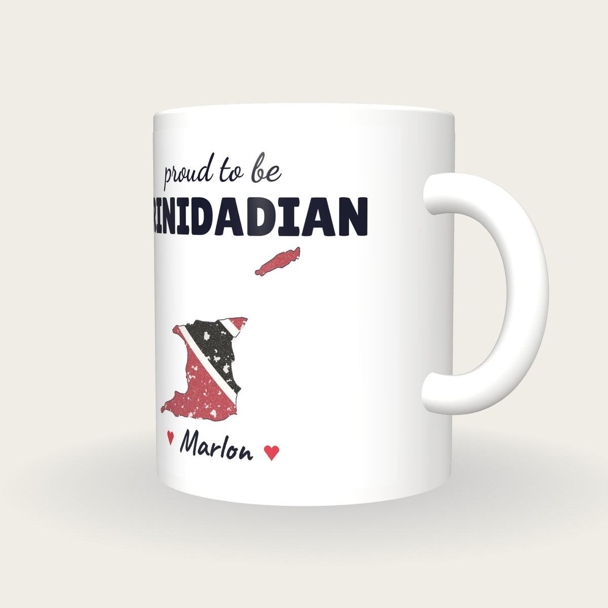 Personalised Trinidad and Tobago Map Mug, Proud To Be Trinidadian, three-quarter view