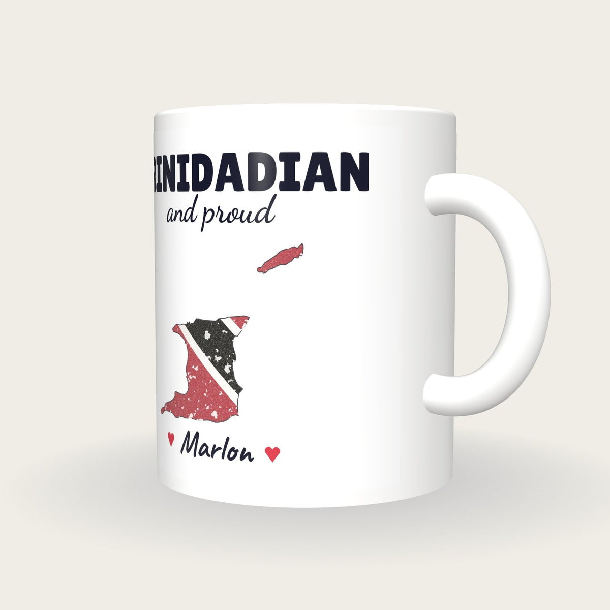 Personalised Trinidad and Tobago Map Mug, Trinidadian And Proud, three-quarter view
