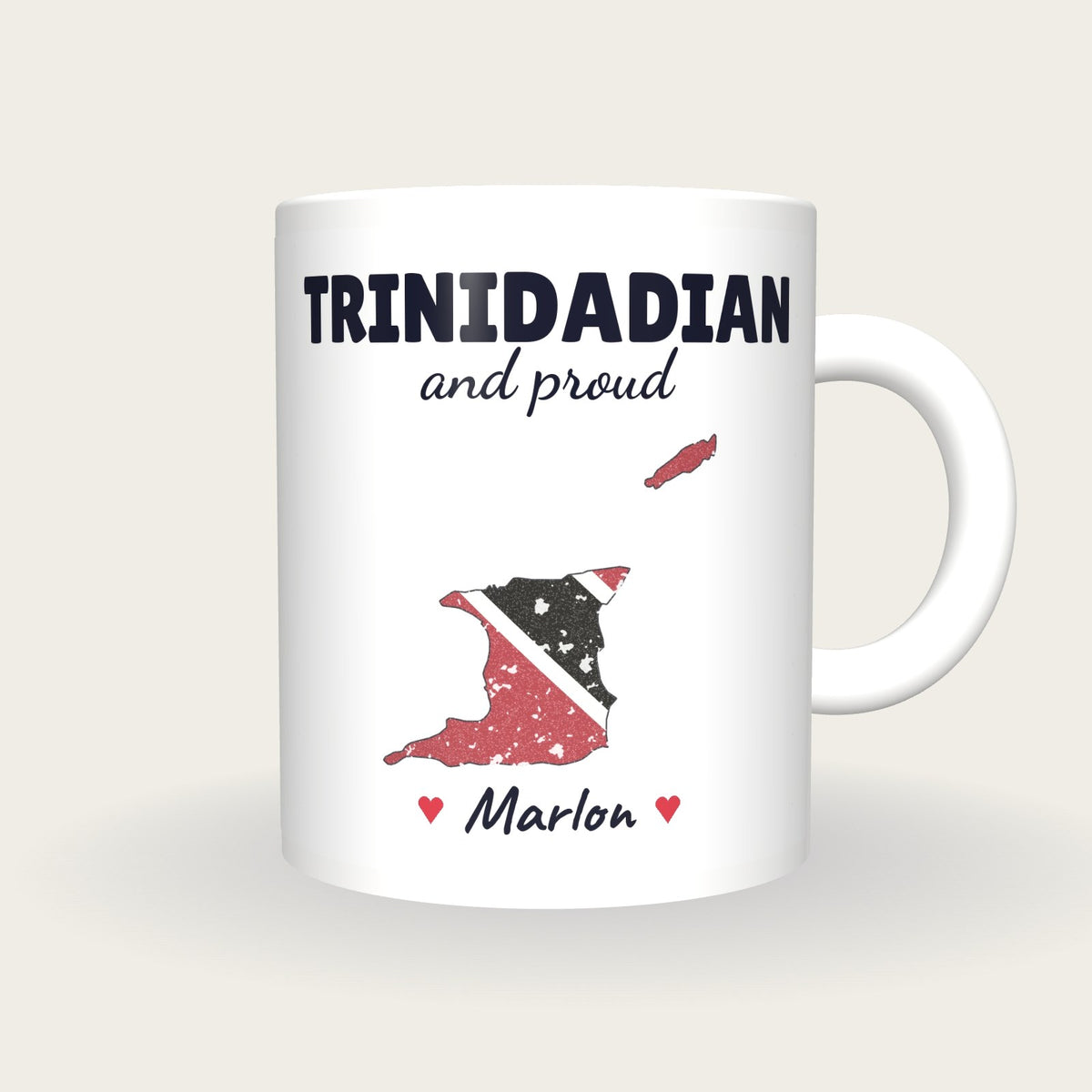 Personalised Trinidad and Tobago Map Mug, Trinidadian And Proud, front