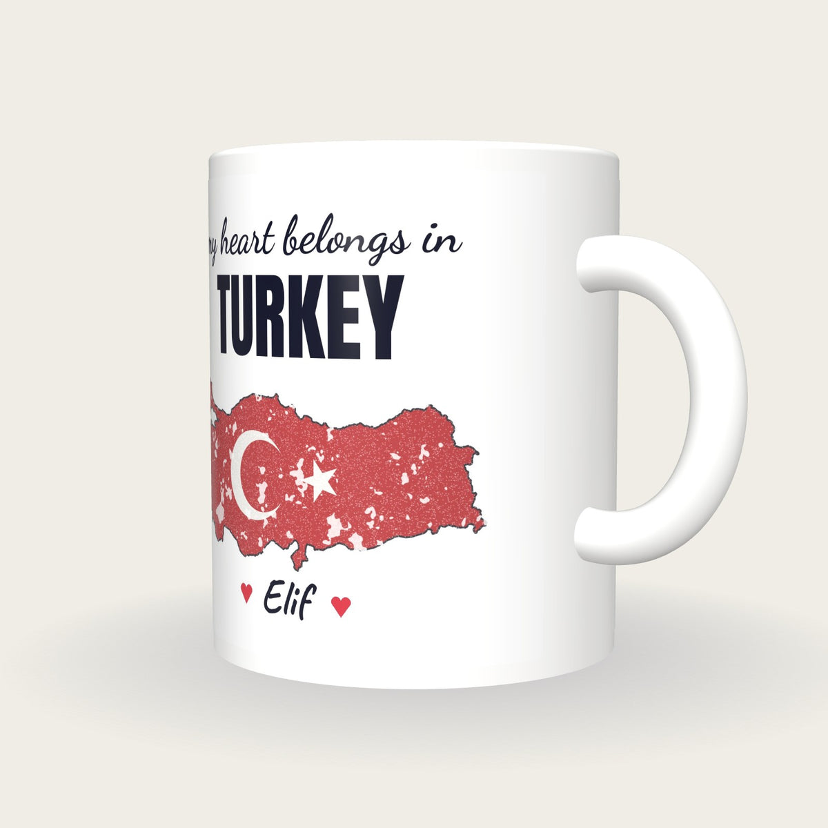 Personalised Turkey Map Mug, My Heart Belongs In Turkey, three-quarter view